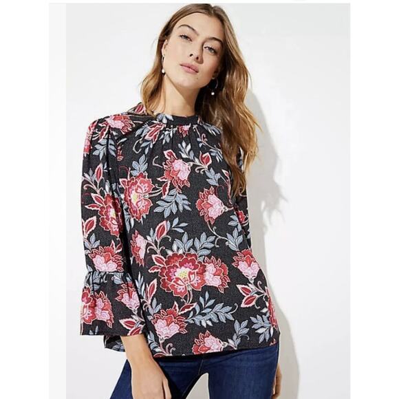 LOFT Black Floral Bell Sleeve Top Size XS - Picture 1 of 6